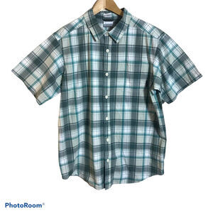 Columbia Mens L Short Sleeve Casual Shirt Gray Blue Plaid Size Large 100% Cotton